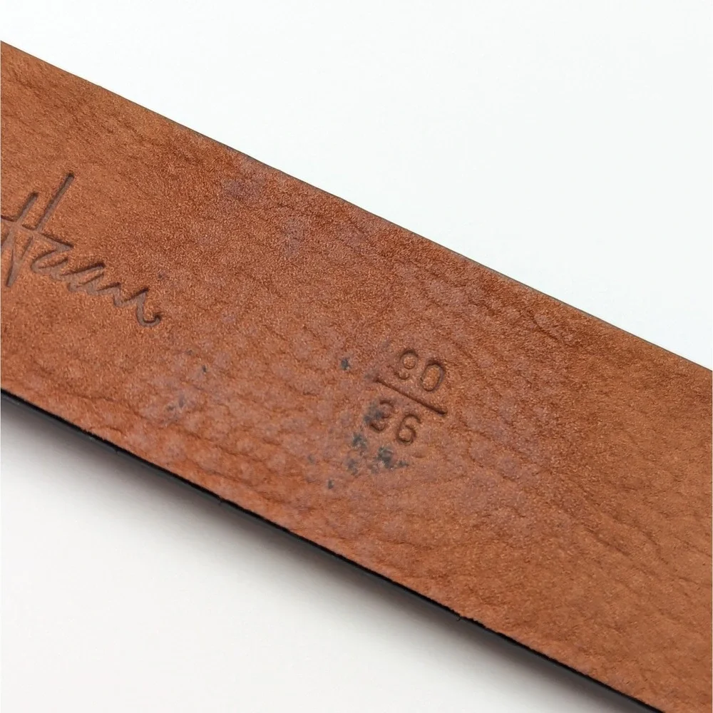 Cole Haan Mens 36 Brown Etched Leather Belt Solid Brass Buckle Double Prong